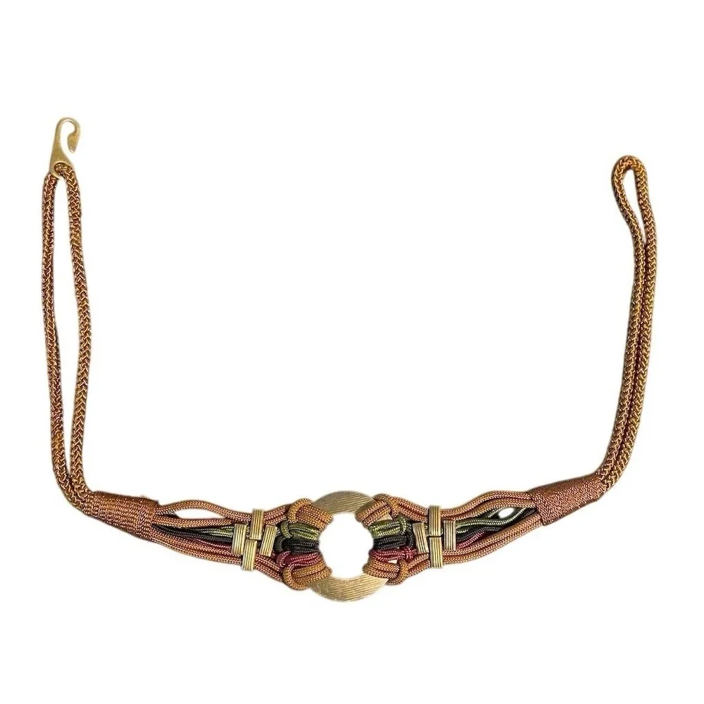 Vintage Braided Rope Belt Womens Multicolor Gold Tone Open Ring Buckle